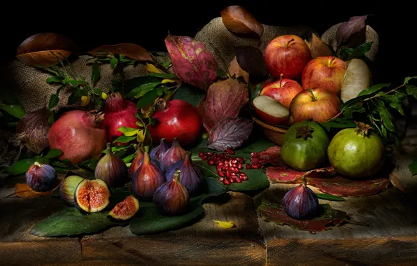 Листья, яблоки, доски, еда, фрукты, черный фон, натюрморт, предметы