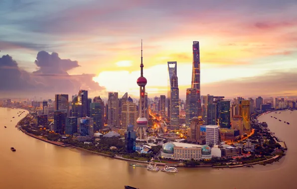 Картинка закат, река, China, здания, башня, дома, Китай, Shanghai