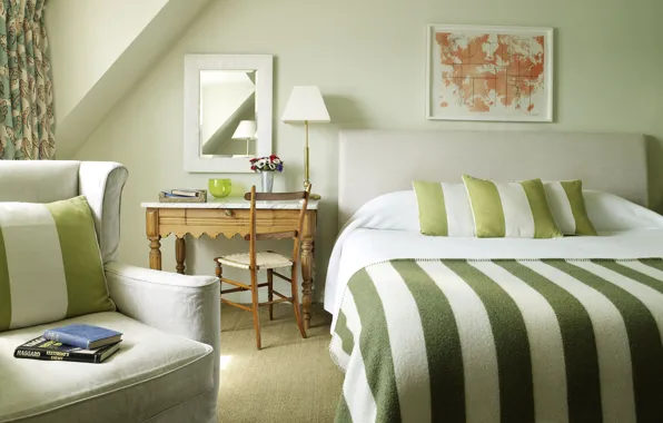 Картинка зеленый, полосы, книги, кровать, спальня