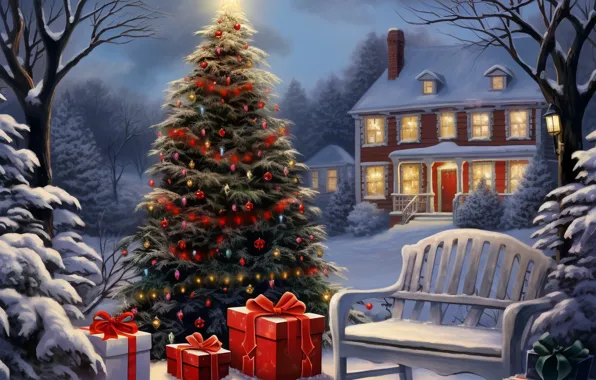 Зима, снег, украшения, ночь, елка, Новый Год, Рождество, домик