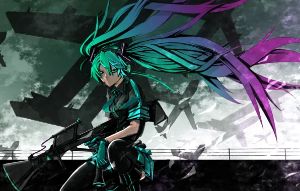 Небо, оружие, пасмурно, чулки, самолеты, галстук, перчатки, vocaloid