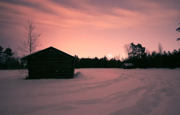 Картинка зима, снег, закат, дом