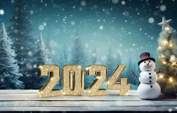 Картинка зима, снег, цифры, Новый год, снеговик, golden, winter, snow