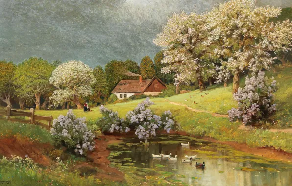 Alois Arnegger, Austrian painter, австрийский живописец, oil on canvas, Алоис Арнеггер, Весенний пейзаж с утками, …
