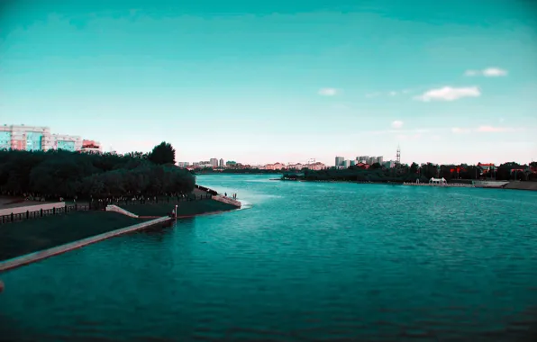 Небо, река, набережная, astana, астана, зеленая вода, река в городе