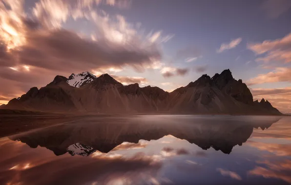 Картинка пейзаж, закат, горы, озеро, отражение
