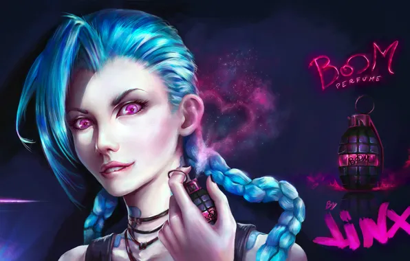 Девушка, лицо, граната, League of Legends, парфюм, Jinx, Loose Cannon