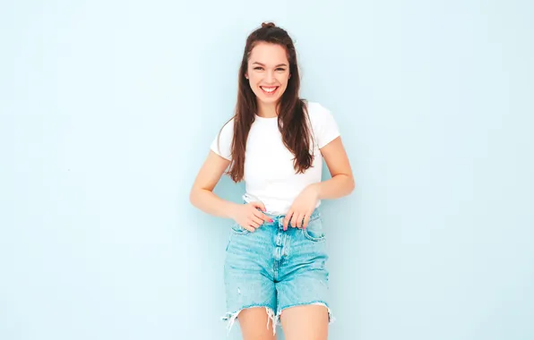 Girl, sexy, shorts, model, pretty, denim