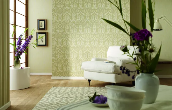 Картинка цветы, дизайн, стиль, интерьер, кресло, жилое пространство