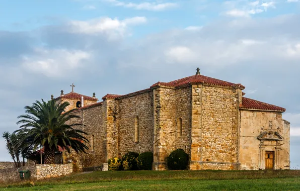 Картинка храм, пальмы, Cantabria, Испания, облака