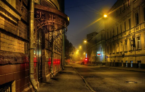 Картинка дорога, ночь, дом, улица, HDR, фонари, Москва, Russia