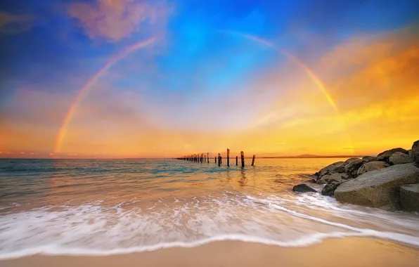 Картинка море, небо, камни, радуга, Австралия, Australia, Tasmania, Тасмания