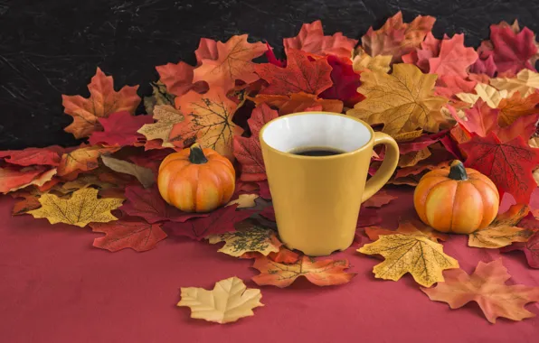 Картинка осень, листья, фон, дерево, кофе, colorful, урожай, кружка