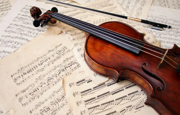 Картинка ноты, скрипка, листы, смычок, музыкальный инструмент