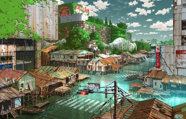 Вода, Япония, фэнтези, Токио, руины
