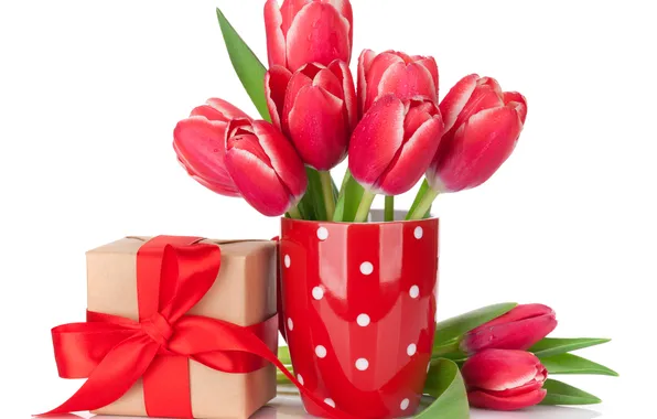 Цветы, подарок, букет, тюльпаны, красные, red, flowers, romantic