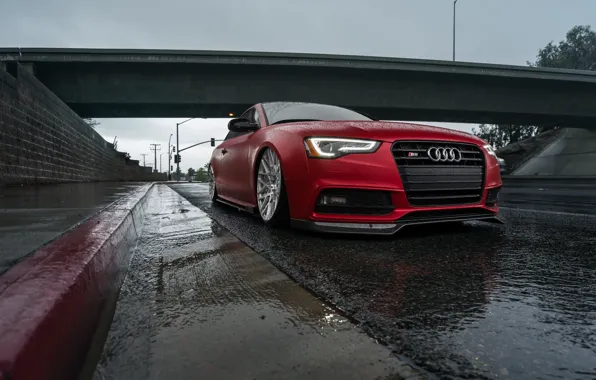 Audi, Red, Front, Rain, Road, Audi S5, Stance