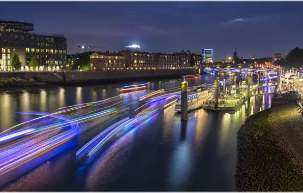 Картинка ночь, огни, река, Германия, skyline, Germany, Bremen, Stadtteil Mitte