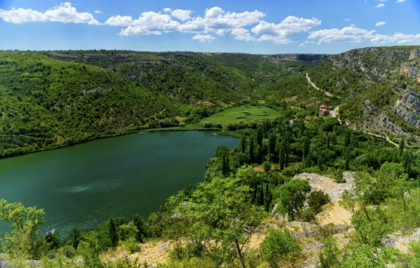 Озеро, парк, фото, холмы, Хорватия, Krka National Park