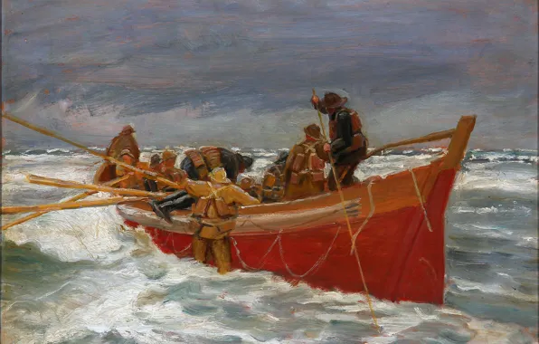 Картинка море, небо, шторм, лодка, картина, рыбаки, Michael Ancher
