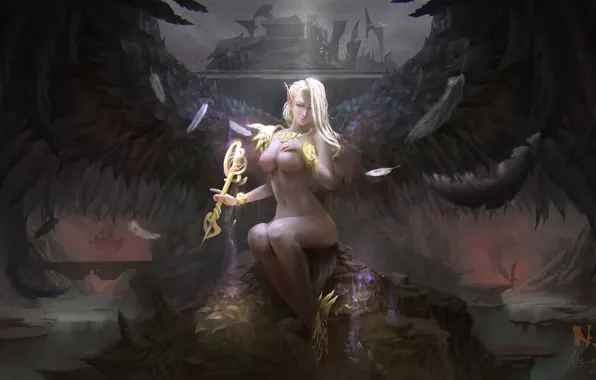 Девушка, Рисунок, Ангел, Свет, Тело, Крылья, Fantasy, Арт