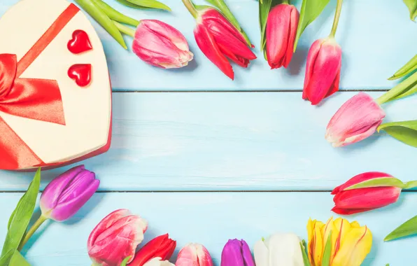 Картинка цветы, colorful, тюльпаны, wood, flowers, tulips, spring, gift box