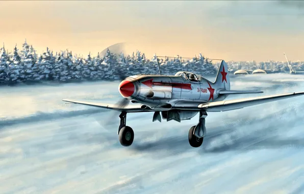 Зима, Снег, истребитель, Взлёт, МиГ-3, советский, Вторая Мировая война, высотный перехватчик
