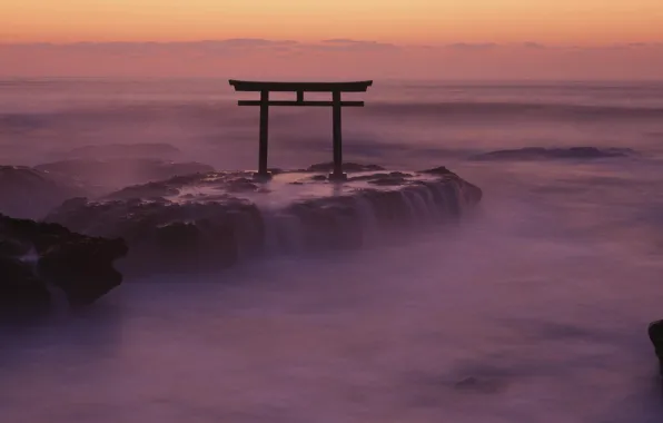 Море, туман, скалы, япония, врата