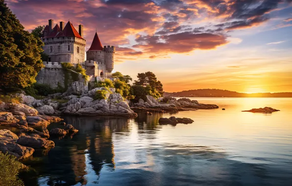 Картинка море, небо, закат, тучи, замок, скалы, landscape, sunset