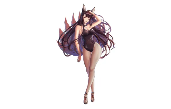 Girl, sexy, cleavage, long hair, brown hair, boobs, animal ears, anime