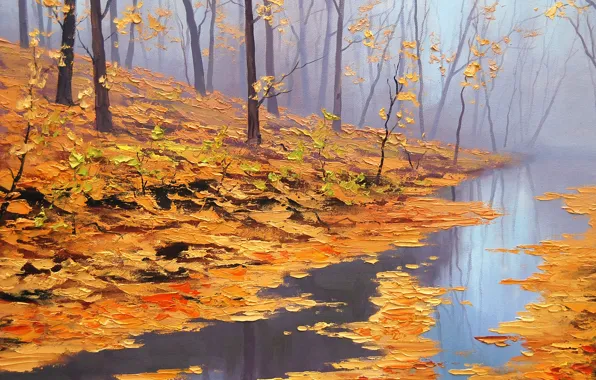 Картинка осень, листья, деревья, природа, река, арт, artsaus