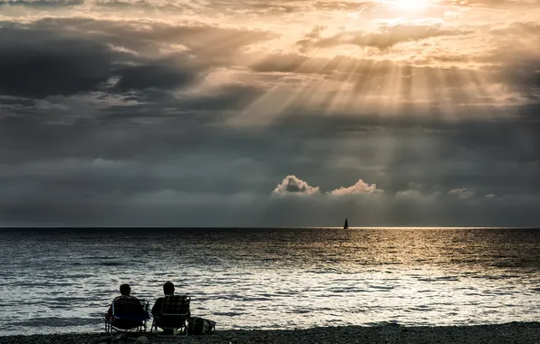 Картинка beach, sea, Sun, sunset, people, boat, light rays