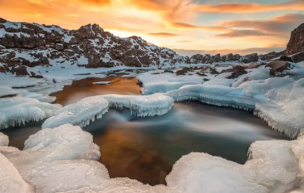Снег, пейзаж, закат
