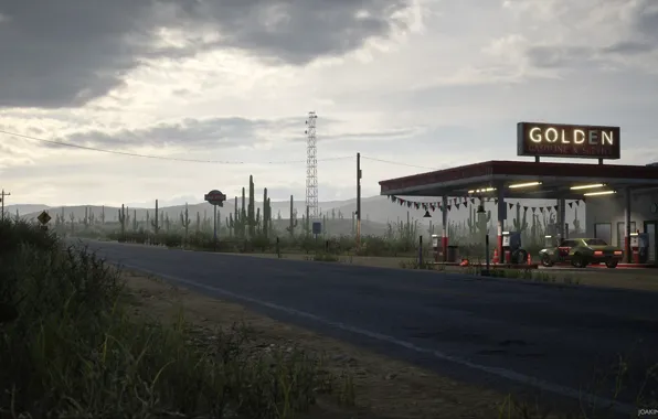 Станция, шоссе, кактусы, Desert Gas Station, Golden Gasoline