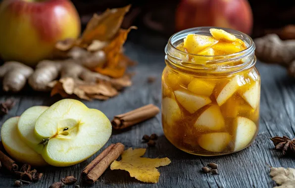 Стекло, листья, яблоки, доски, банка, корица, дольки, варенье