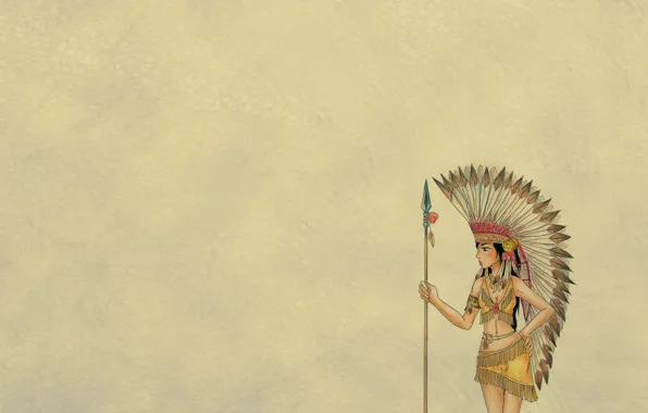 Картинка девушка, желтый, минимализм, перья, копье, индеец