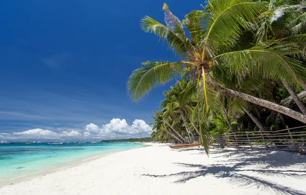 Картинка пальмы, paradise, берег, palms, пляж, sea, песок, море
