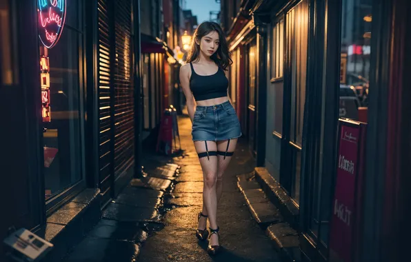 Картинка Asian, long hair, neon, women, digital art, standing, looking at viewer, alleyway