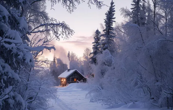 Зима, снег, деревья, природа, домик