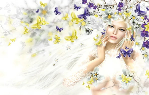 Девушка, бабочки, цветы, волосы, весна, блондинка, венок
