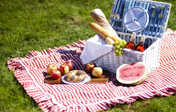 Картинка вино, яблоки, еда, арбуз, хлеб, виноград, фрукты, пикник
