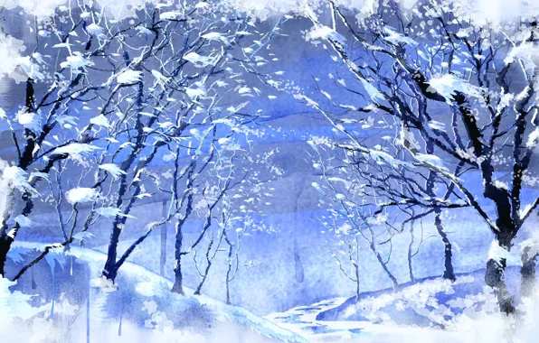 Зима, снег, деревья, рисунок