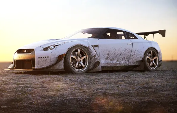 Авто, Белый, Машина, Грязь, Car, Рендеринг, Nissan GT-R, Transport & Vehicles