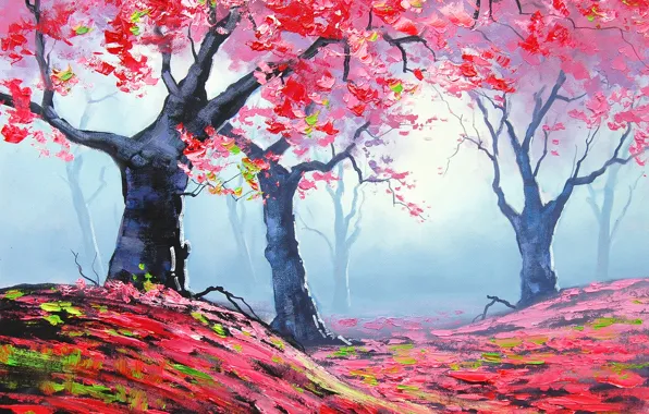 Картинка осень, листья, деревья, природа, арт, красные, artsaus