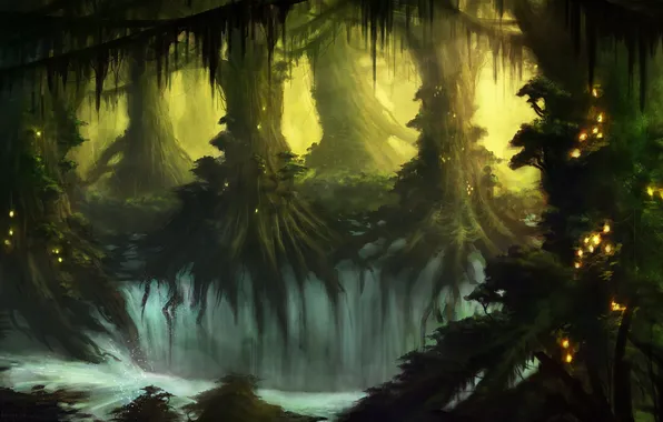Картинка лес, деревья, фантастика, заросли, чаща, арт, водопады