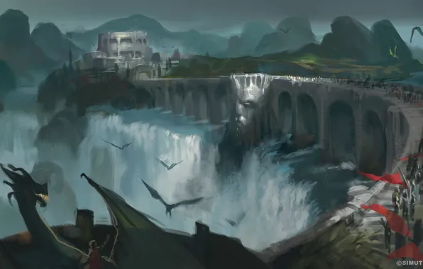 Картинка мост, река, замок, водопад, драконы, арт, непогода, воины