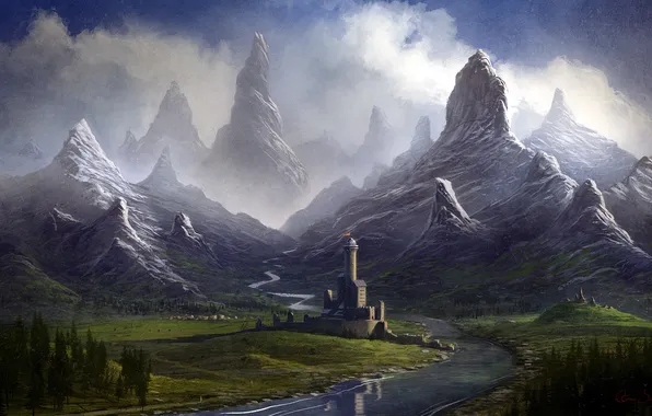 Картинка пейзаж, горы, река, замок, арт, крепость