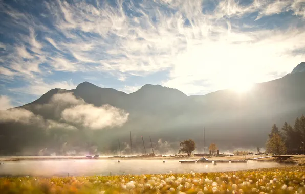 Картинка осень, небо, солнце, туман, озеро, Горы, утро, Швейцария