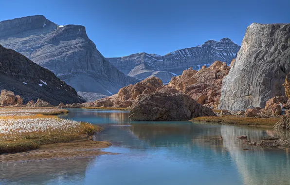 Небо, горы, озеро, камни, скалы