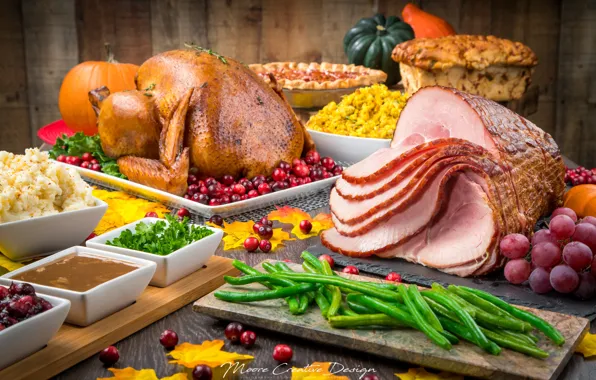 Пирог, виноград, мясо, соус, блюда, индейка, угощение, ветчина
